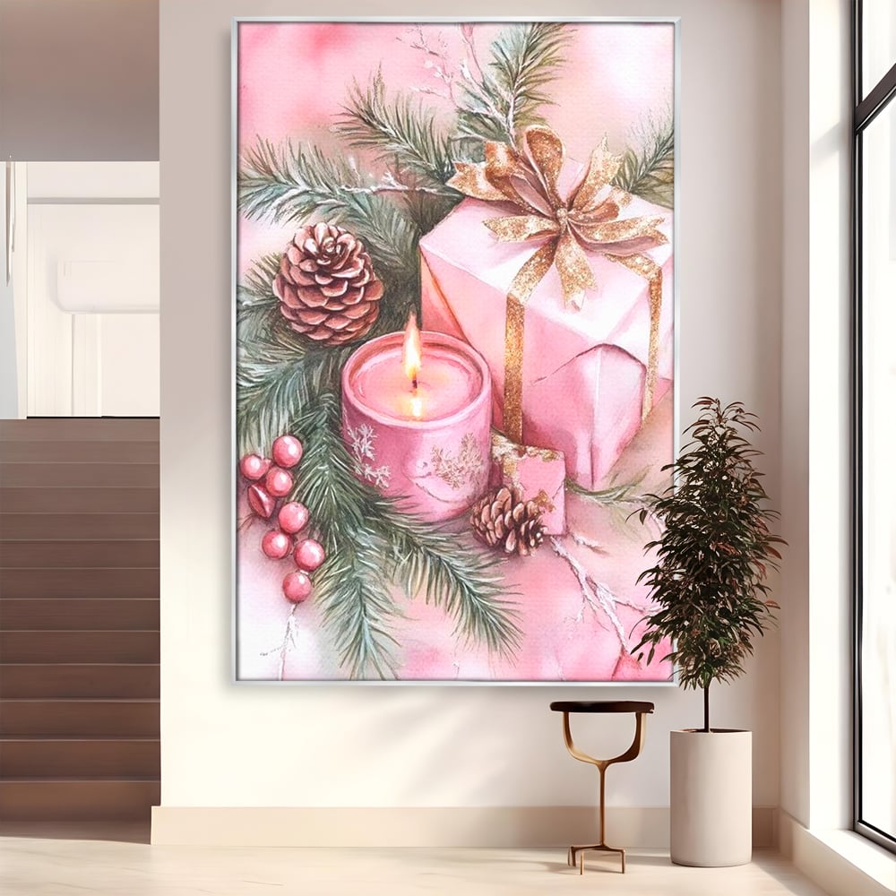 Tablou canvas cu ilustratie cu lumanare si cadou roz, in rama de aluminiu argintiu